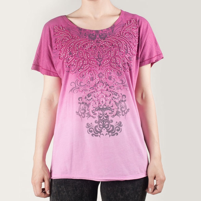 Tabeez Womens Magenta Short Sleeve Stone Scroll Tee