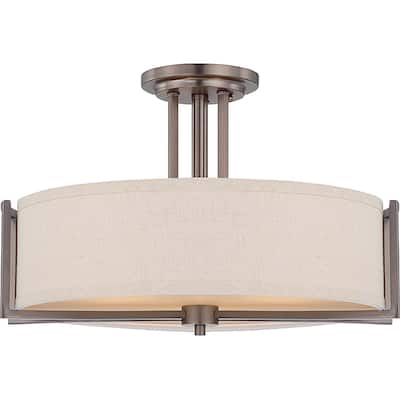 Gemini Bronze and Khaki Fabric Shade 3-Light Semi Flush Fixture