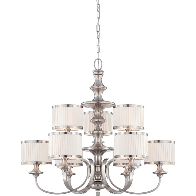 Candice Nickel And Flat Pleated White Shades 9 light Chandelier