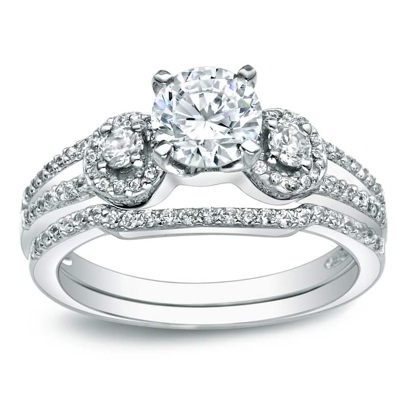 Auriya 14k Gold 1ctw Round 3-stone Diamond Engagement Ring Set - White Gold - 9
