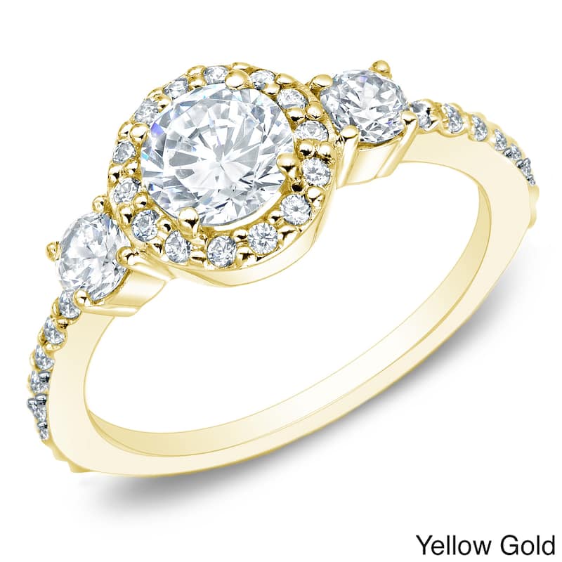 Auriya 1 1/4ctw 3-Stone Halo Diamond Engagement Ring 14k Gold (G-H, I1-I2) - 4 - Yellow