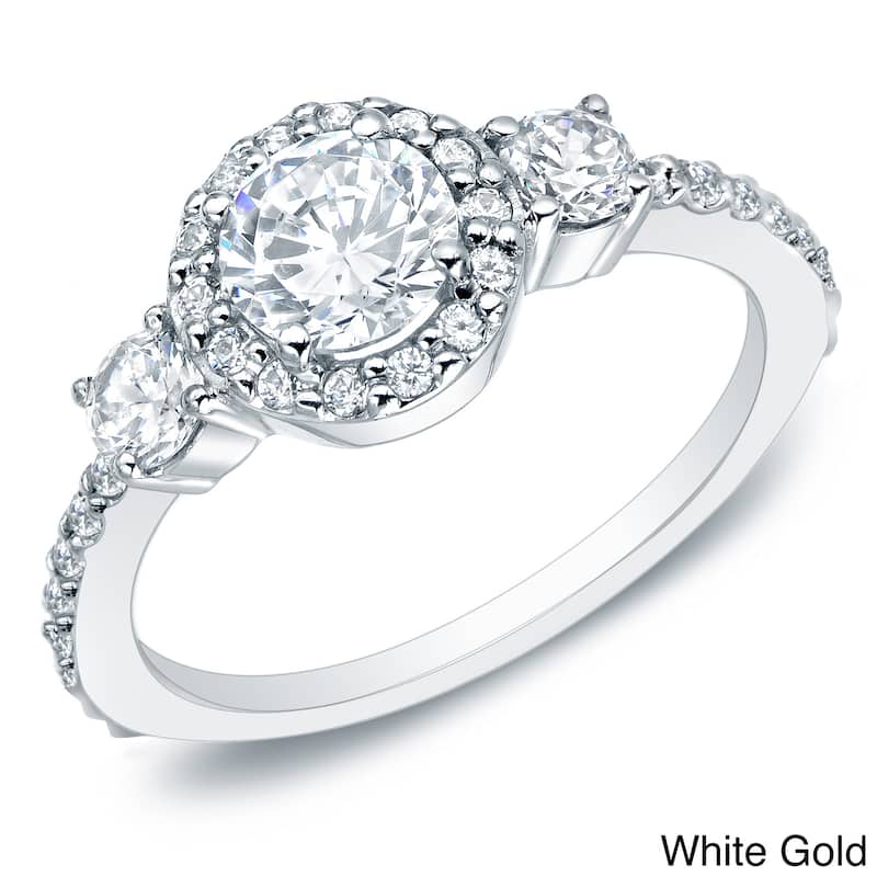 Auriya 1 1/4ctw 3-Stone Halo Diamond Engagement Ring 14k Gold (G-H, I1-I2) - 4 - White