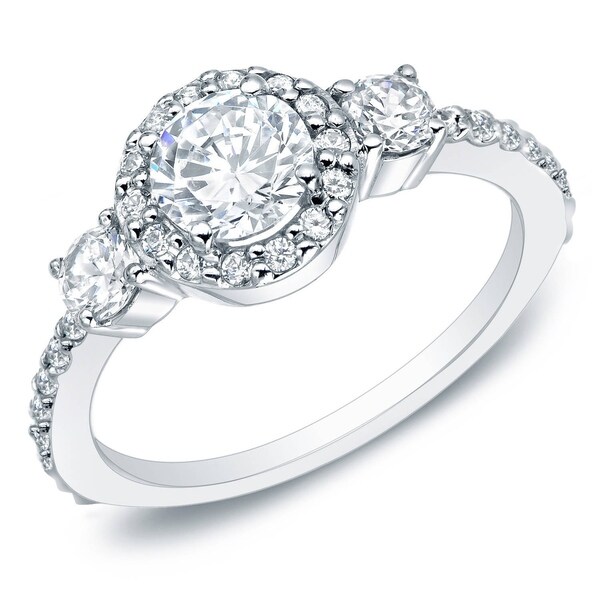 Auriya 14k Gold 1 1/4ct TDW 3-Stone Diamond Halo Engagement Ring