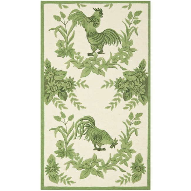 Hand hooked Hens Ivory/ Green Wool Rug (26 X 4)