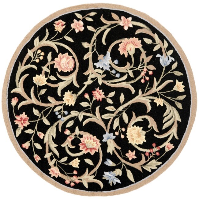 Hand hooked Garden Scrolls Black Wool Rug (56 Round)