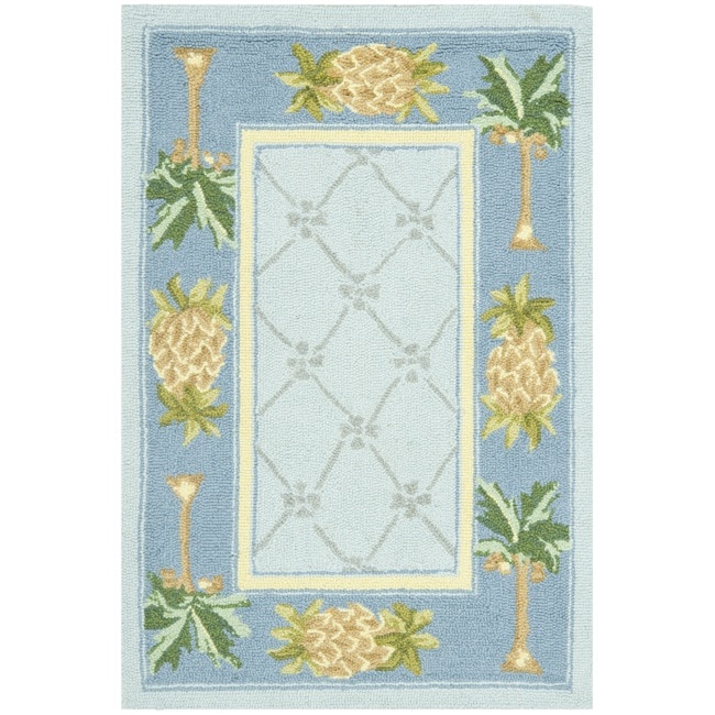 Hand hooked Pineapples Light Blue Wool Rug (18 X 26)