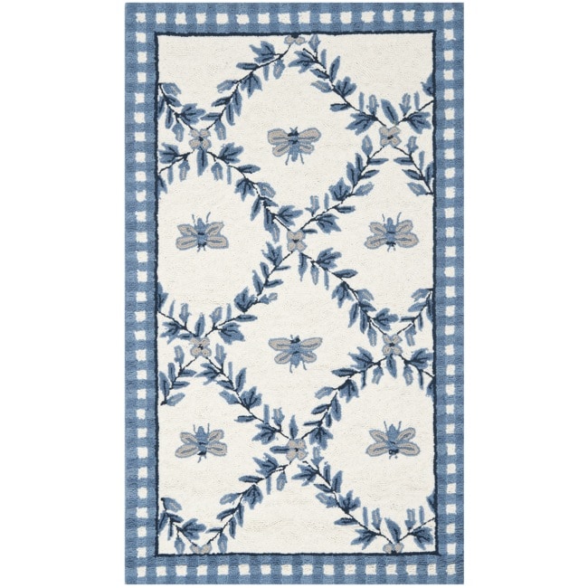 Hand hooked Bumblebee Ivory/ Blue Wool Rug (26 X 4)