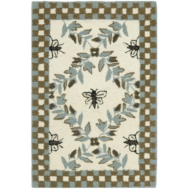 Hand hooked Bumblebee Ivory/ Blue Green Wool Rug (18 X 26)