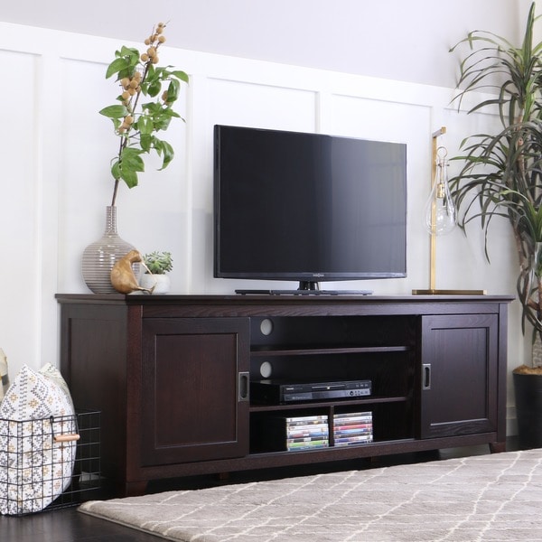 70-inch Espresso Wood TV Stand with Sliding Doors - Free ...