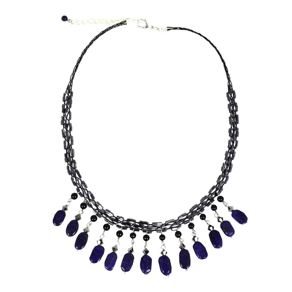 Raindrops Blue Lapis Lazuli Pendants and Glass Beads Cascade Adjustable Contemporary Womens Waterfall Necklace (Thailand)
