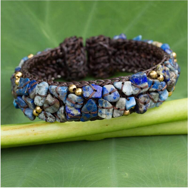 Handmade Brass 'Ocean Day' Lapis Lazuli Bracelet (Thailand) - Blue