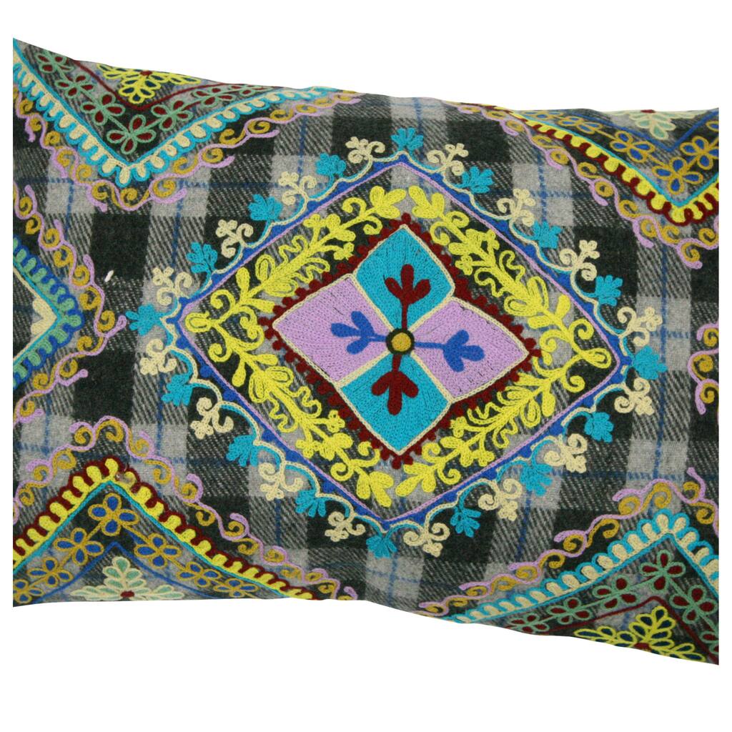 Handmade Ethnic Chic Embroidered Multicolor Floral Plaid Design Oblong Decorative Pillow