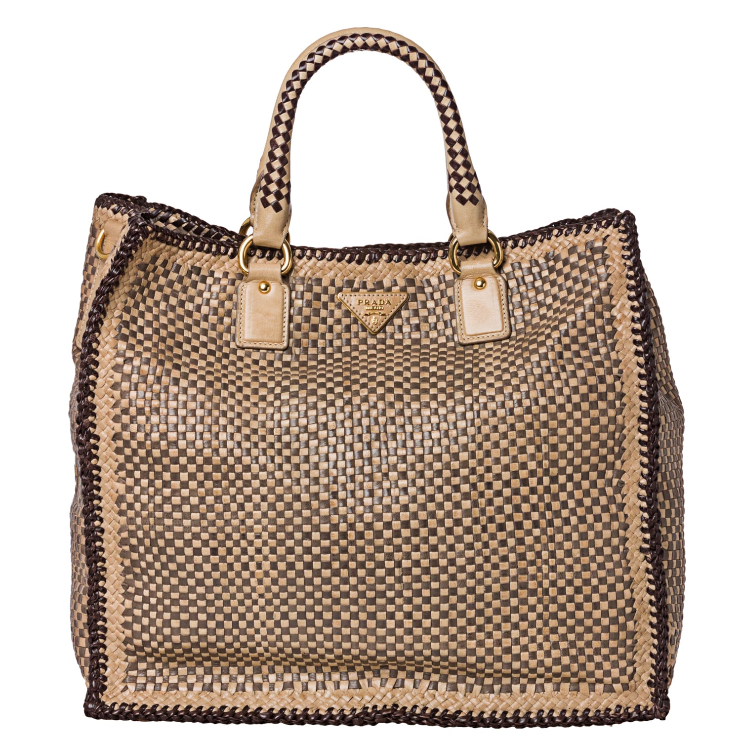 Prada Woven Tan/ Taupe Leather Madras Tote Bag - Free Shipping Today ...