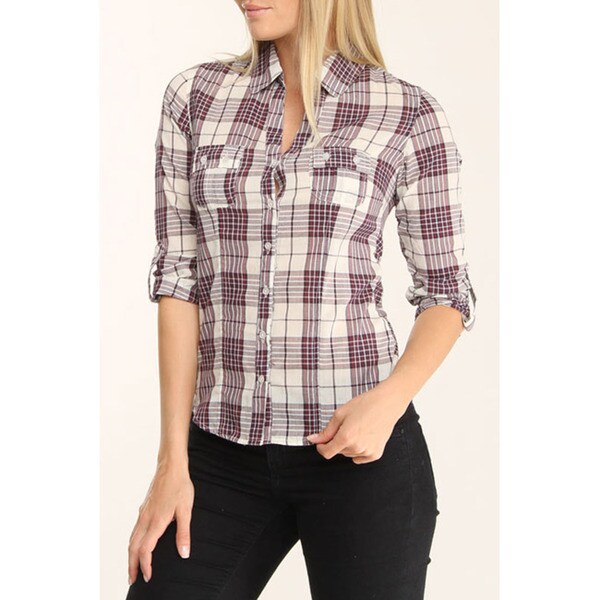 4Now Fashions Women's Purple Plaid Button-up Boyfriend Shirt - Free ...