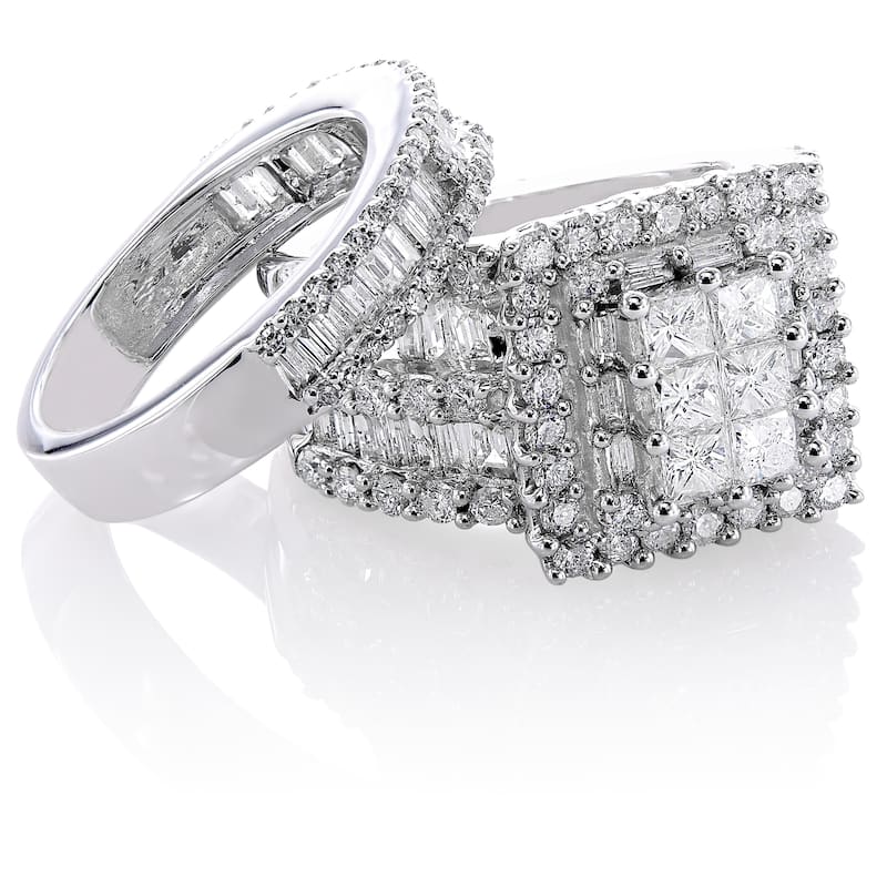Kobelli 2.8 Carats Natural Diamond 14k Solid White Square Cluster Halo Gwen 2pc Bridal Set