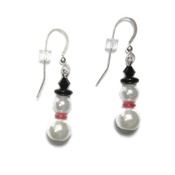 Snowman Earrings with Glass Pearls Silver Toned Hat and Ear Wires