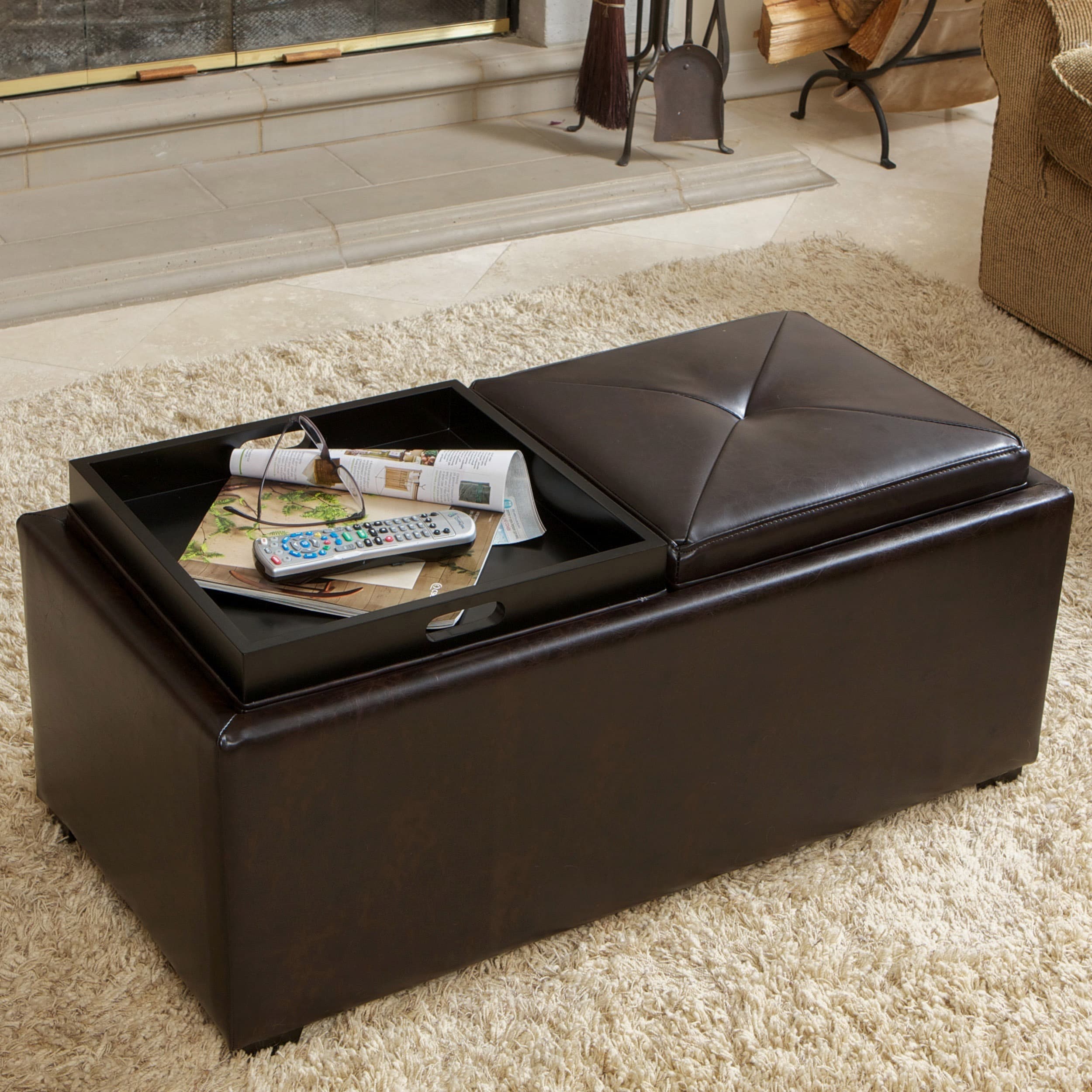 Christopher Knight Home Maxwell Brown Bonded Leather Double Tray Ottoman