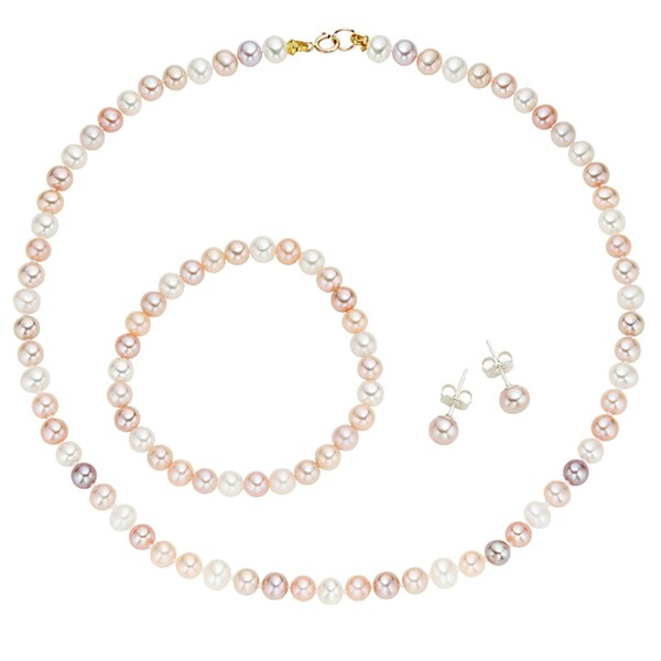 Pearlyta 14k Yellow Gold Children's Multi-colored Freshwater Pearl Necklace, Bracelet and Earring Jewelry Set (4-5 mm) - Pink