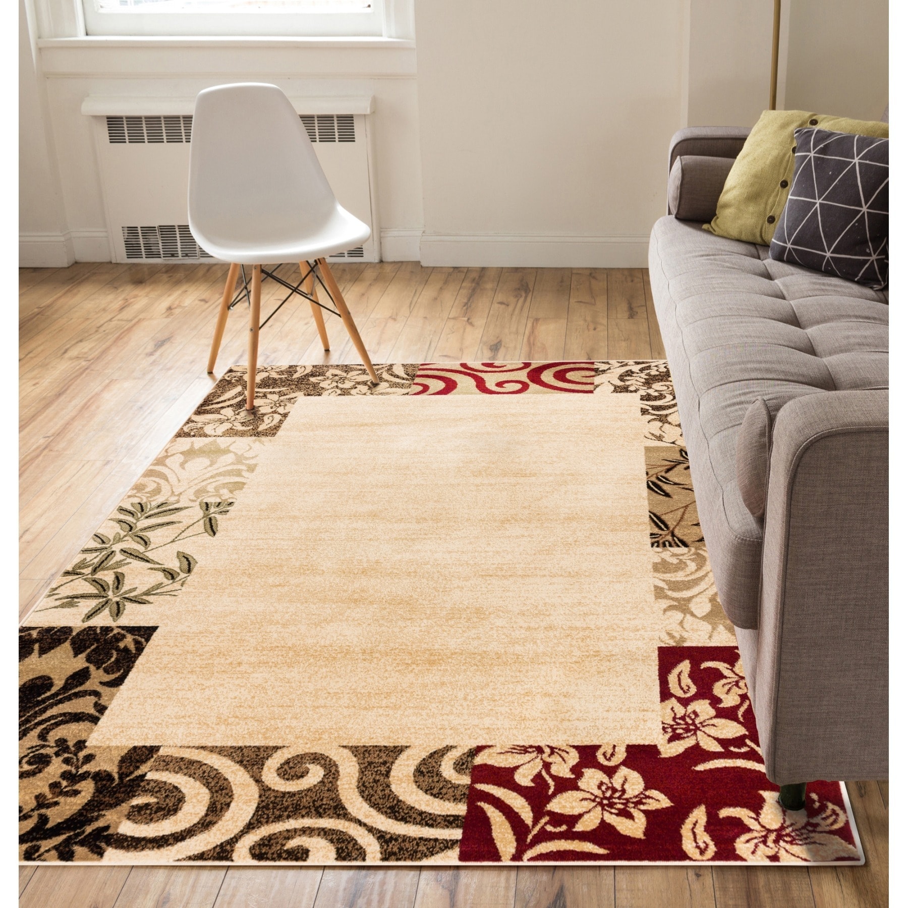 Patchwork Damask Border Beige Rug (93 X 126)