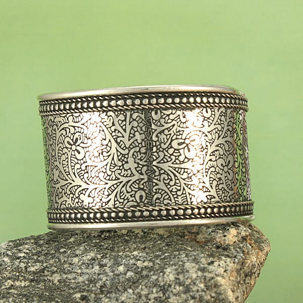 Shop Handcrafted Wide Silver Plated Brass Etched Vines Cuff Bracelet