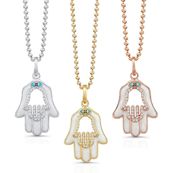 14k White Gold 1/5ct TDW White Diamond Hamsa Pendant with White Enamel (IJ, I1 I2) Diamond Necklaces