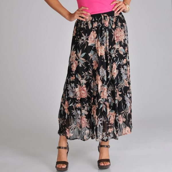 La Cera Womens Black Floral Georgette Tiered Skirt   14531281