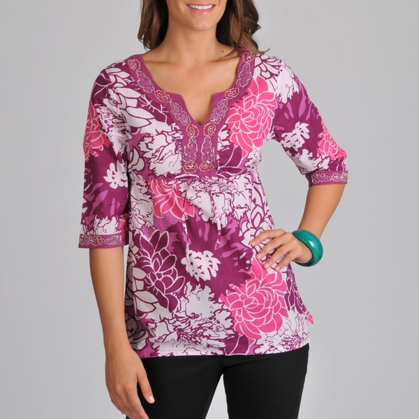 La Cera Women's 3/4 sleeve Drawstring Cotton Floral print Tunic Top La Cera 3/4 Sleeve Shirts