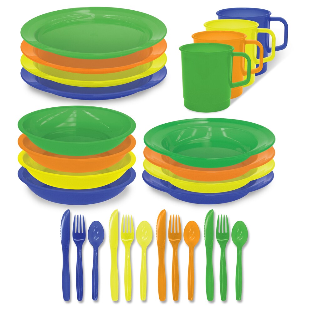 4 person Polyware Picnic Set (Green/orange/yellow/blueMaterials polypropyleneDimensions 10 inches long x 9 inches wide x 8 inches highSet includes Four (4) 9 inch plates, four (4) salad plates, four (4) bowls, four (4) mugs, four (4) knives, four (4) f