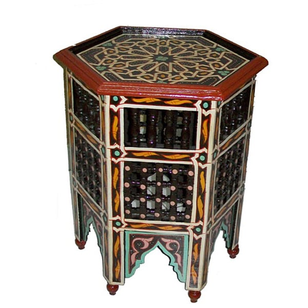 Tan/Multicolor Hand-Painted Arabesque Wooden End Table (Morocco)