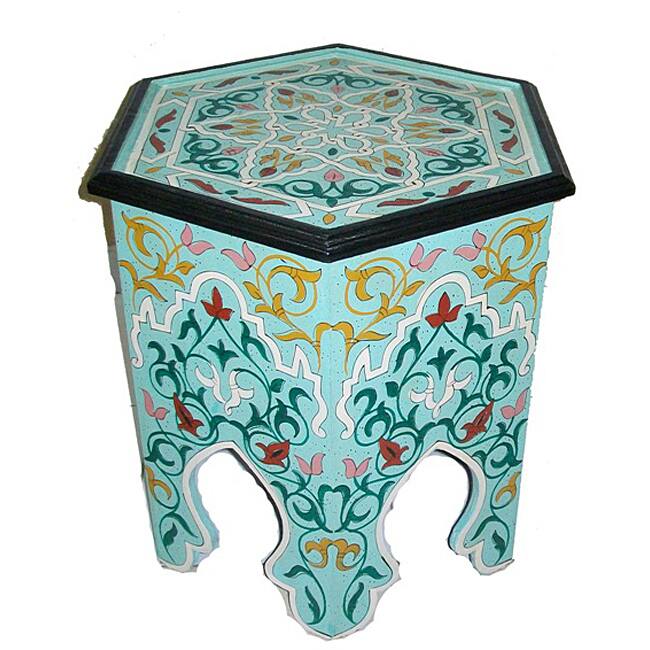 Handmade Hand-painted Arabesque II Aqua Green Wooden End Table (Morocco)
