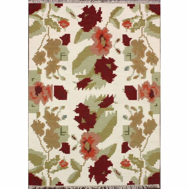 Nuloom Handmade Flatweave Floral Mosaic Ivory Wool Rug (7'6 x 9'6) - 8' x 10'