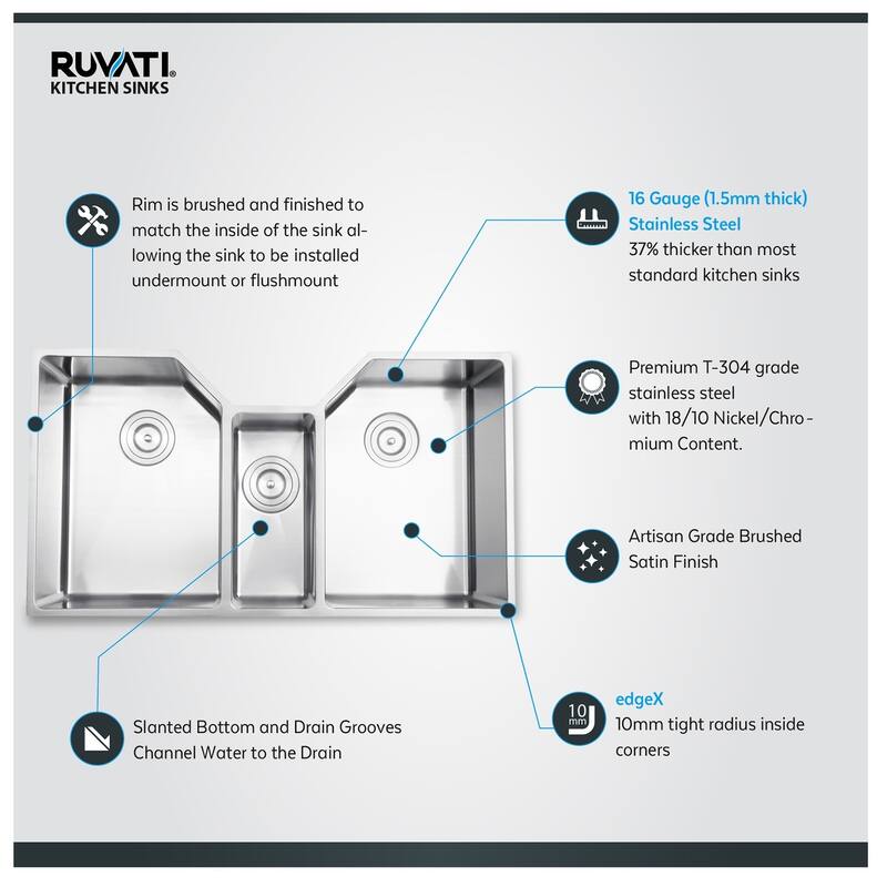 Ruvati 35" Triple Bowl Undermount 16 Gauge Stainless Steel Kitchen Sink - RVH8500 - 35 x 19.625