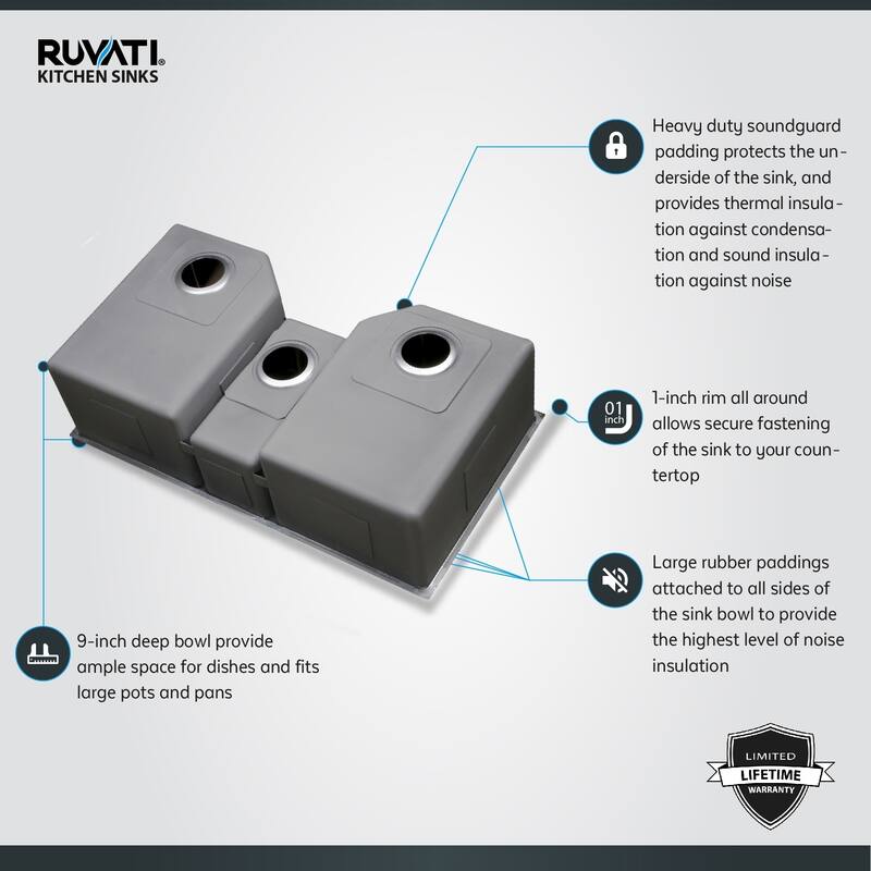 Ruvati 35" Triple Bowl Undermount 16 Gauge Stainless Steel Kitchen Sink - RVH8500 - 35 x 19.625