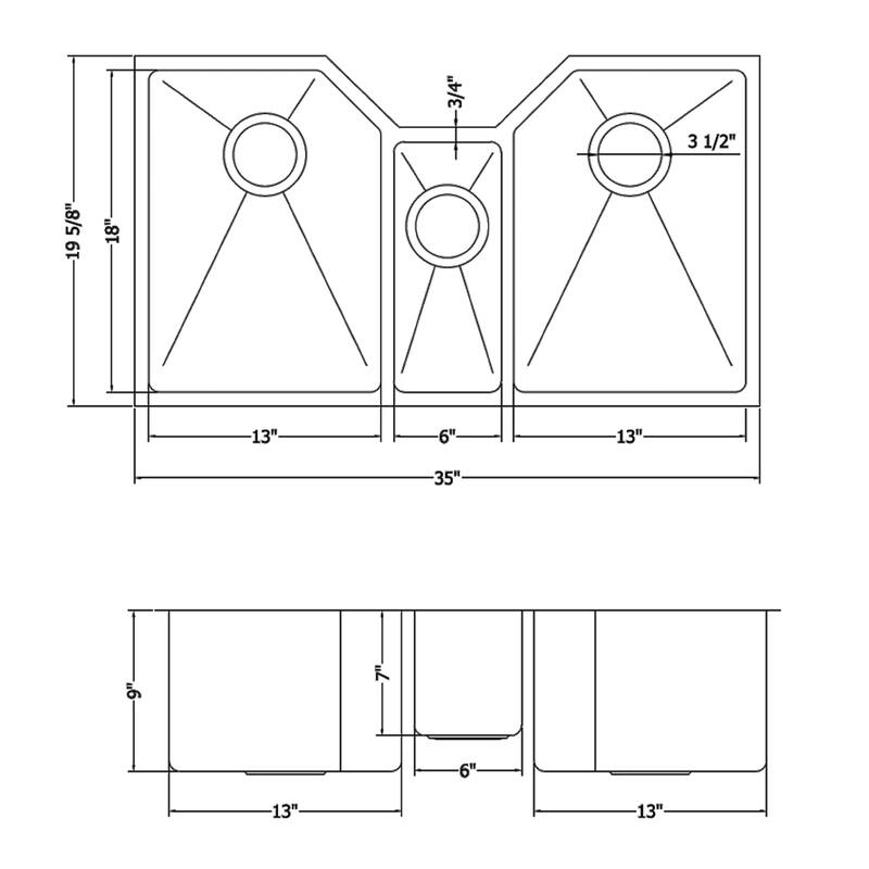 Ruvati 35" Triple Bowl Undermount 16 Gauge Stainless Steel Kitchen Sink - RVH8500 - 35 x 19.625