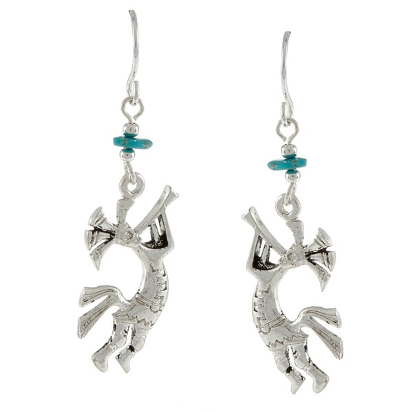 Southwest Moon Silvertone Turquoise Chip Kokopelli Earrings