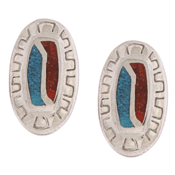 Southwest Moon Oval Turquoise and Coral Inlay Post Earrings Southwest Moon Gemstone Earrings