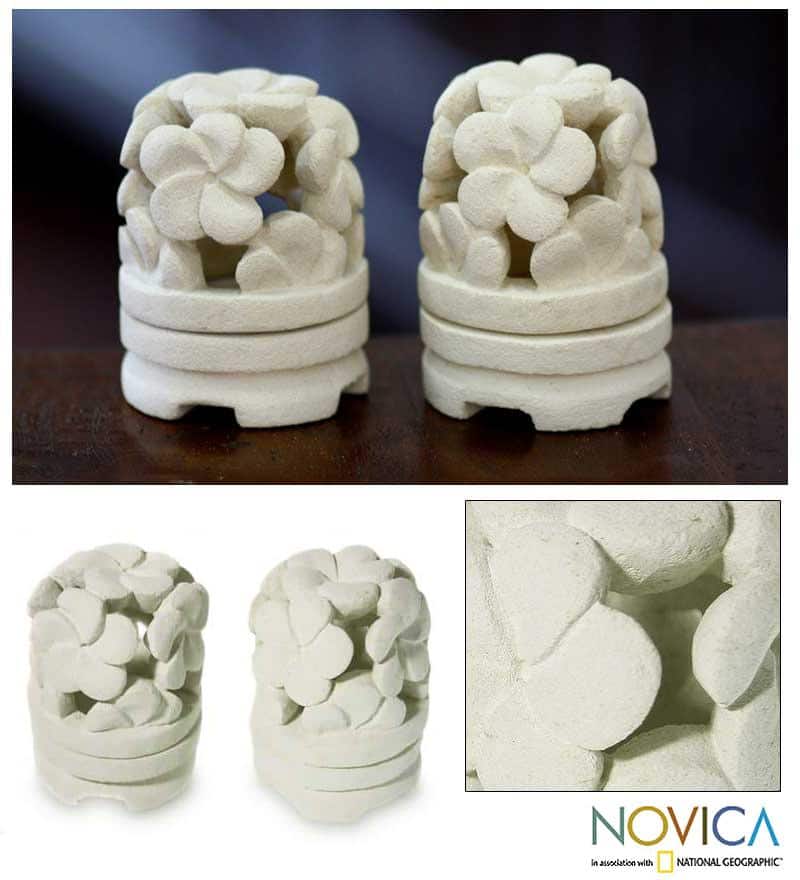 Set of 2 Sandstone 'Frangipani' Candleholders (Indonesia)