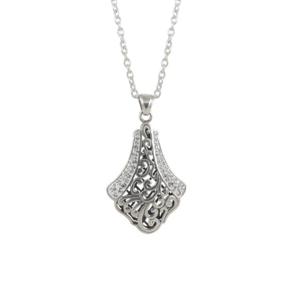 Sunstone Sterling Silver Crystal 'Bali Bling' Filigree Pave Teardrop Necklace Sunstone Sterling Silver Necklaces