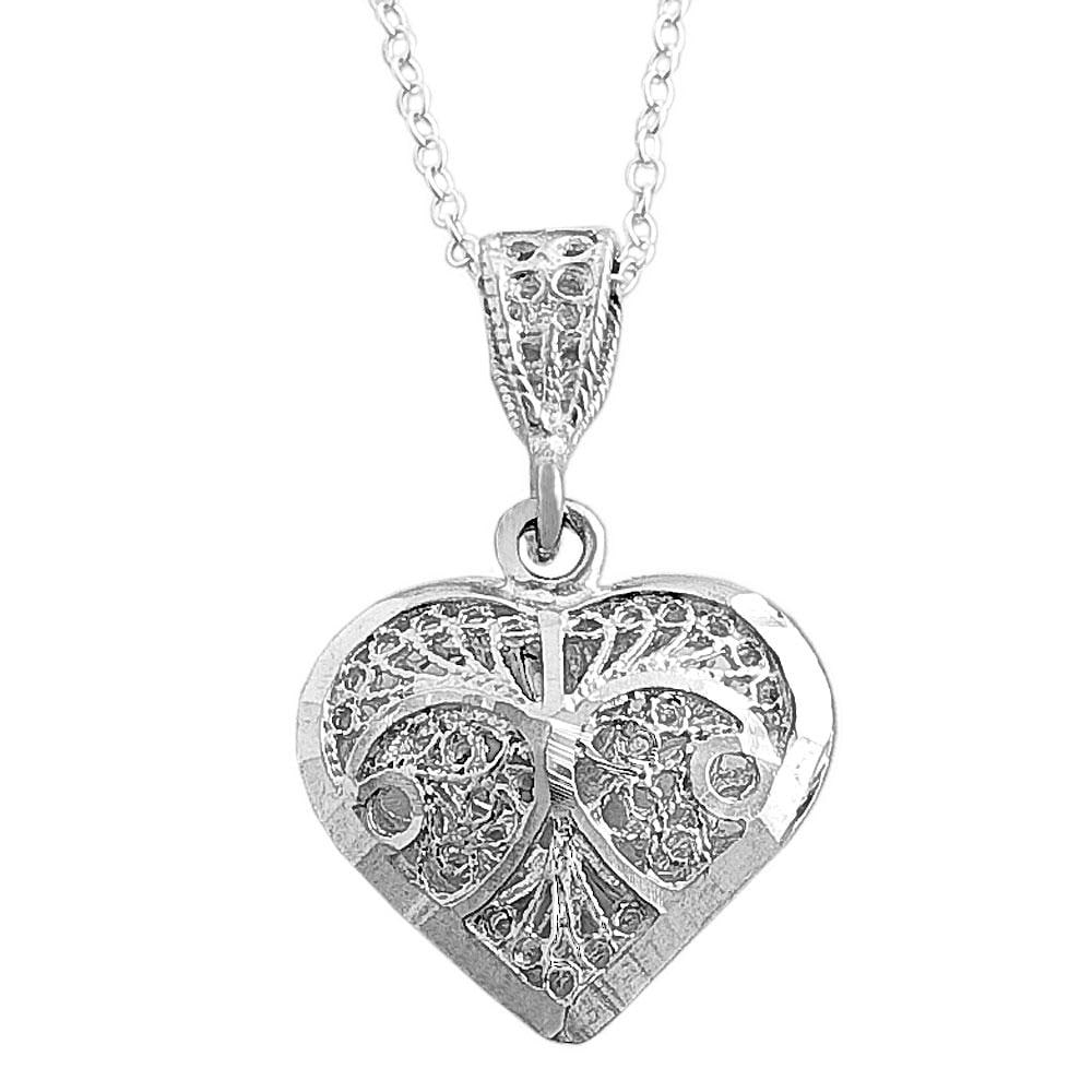 Sterling Silver Diamond-cut Filigree Puffed Heart Necklace - Free ...