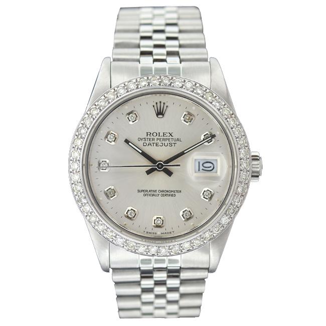   Mens Datejust White Gold Silver Diamond Dial Watch  