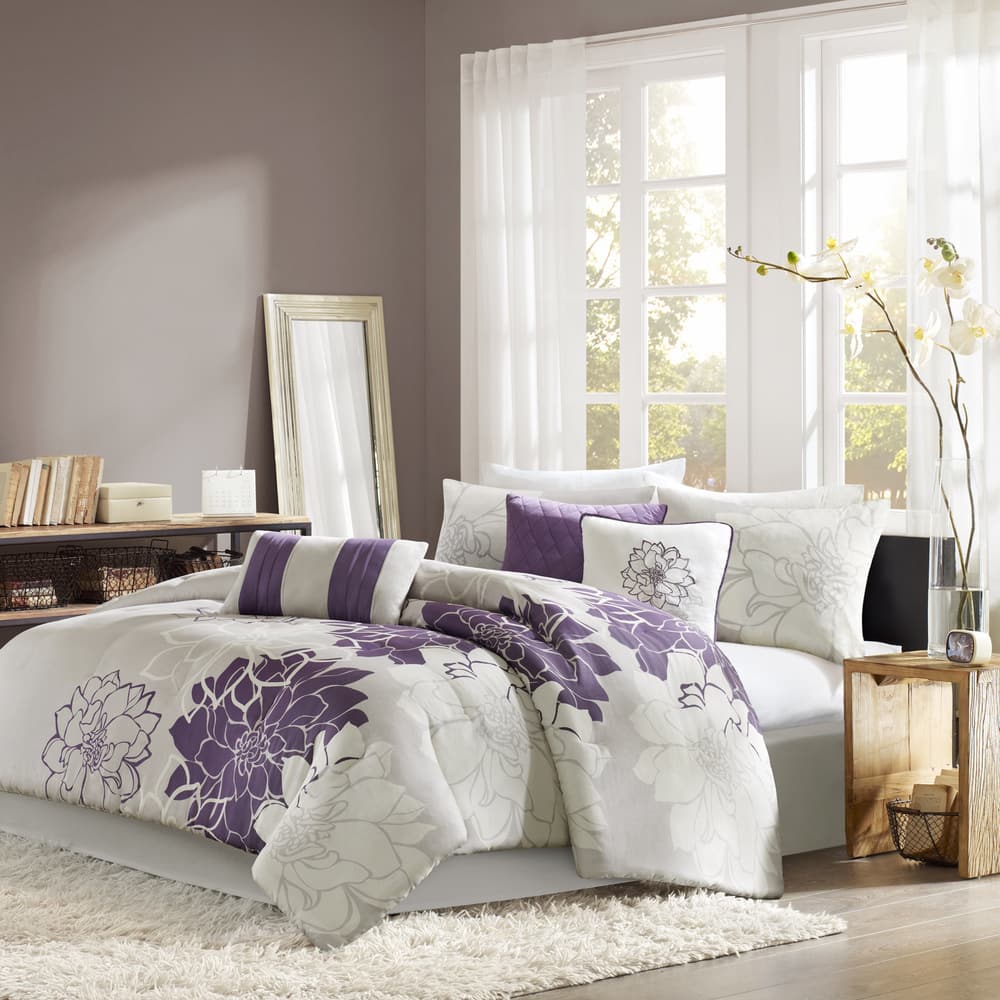 Madison Park Bridgette Taupe Grey/Purple Floral-pattern Cotton Comforter Set