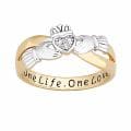 18k Gold over Silver Two-tone 'One Life, One Love' Engraved Claddagh Diamond Ring