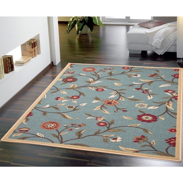 Blue Transitional Floral Euro Home Rug - 5' x 6'6