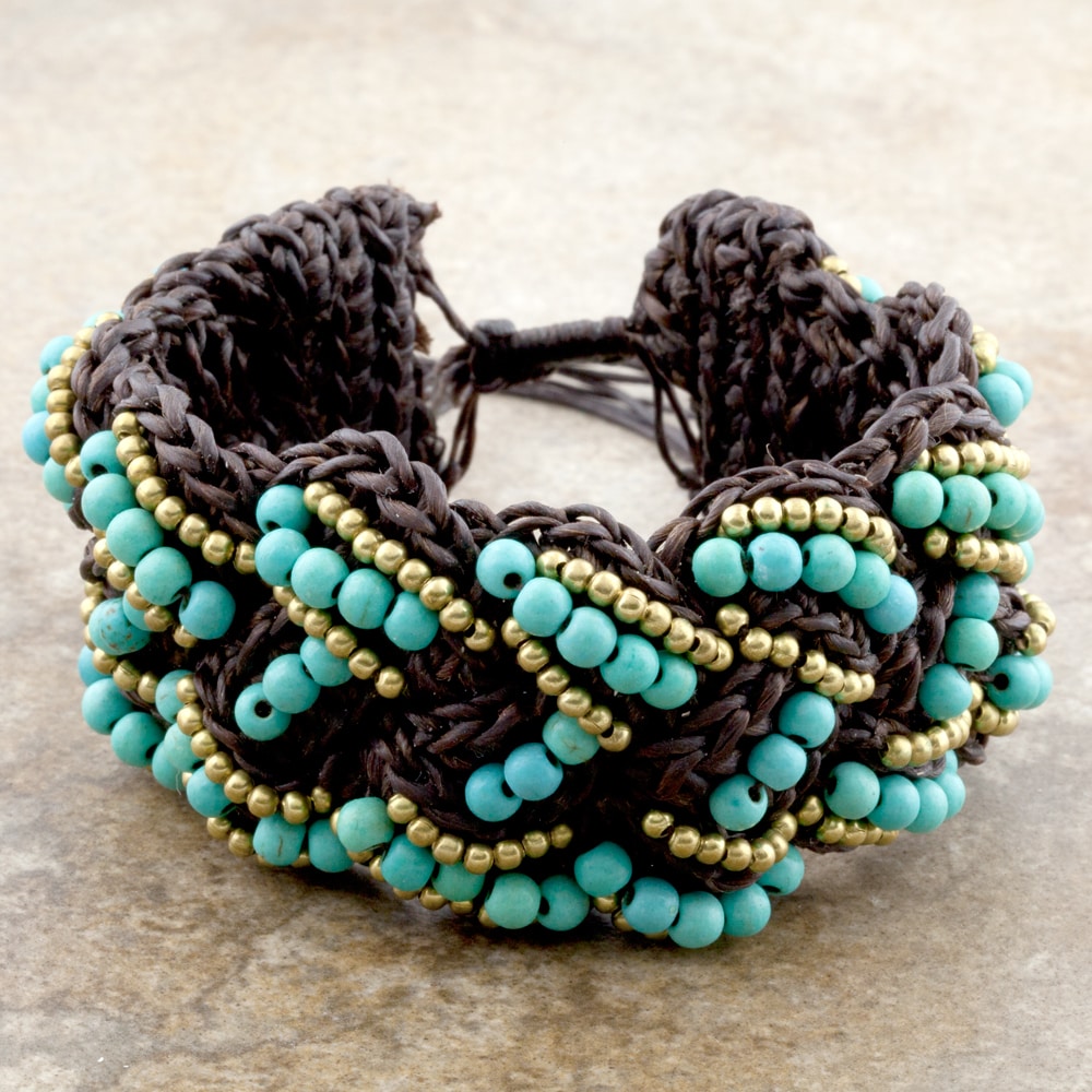 Shop Cotton Waxed Thread Bracelet Beaded With Turquoise and Brass Beads