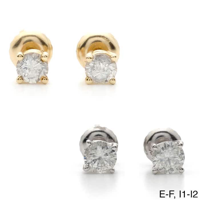 18k Gold 2ct TW Round Clarity Enhanced Diamond Stud Earrings - ef-i1-i2 - White