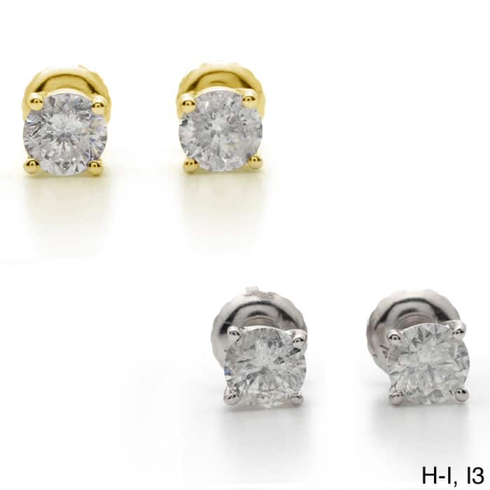 18k Gold 2ct TW Round Clarity Enhanced Diamond Stud Earrings - hi-i2-i3 - White