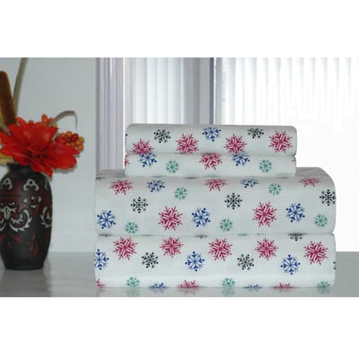 Pointehaven Multicolor Snowflakes Printed Heavyweight Flannel Sheet Set