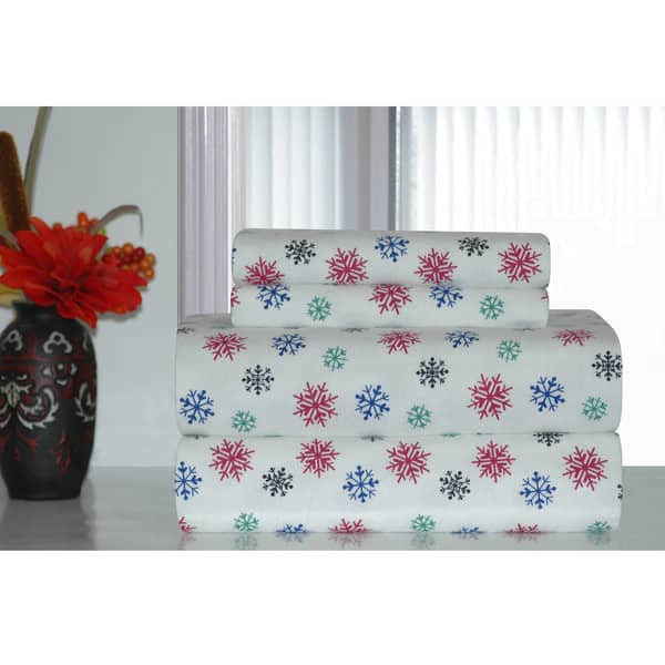 slide 1 of 1, Pointehaven Multicolor Snowflakes Printed Heavyweight Flannel Sheet Set Snow Flakes Multi Color Flannel - California King