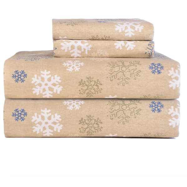 slide 1 of 1, Pointehaven Snowflakes Oatmeal Printed Heavyweight Flannel Bed Sheet Set