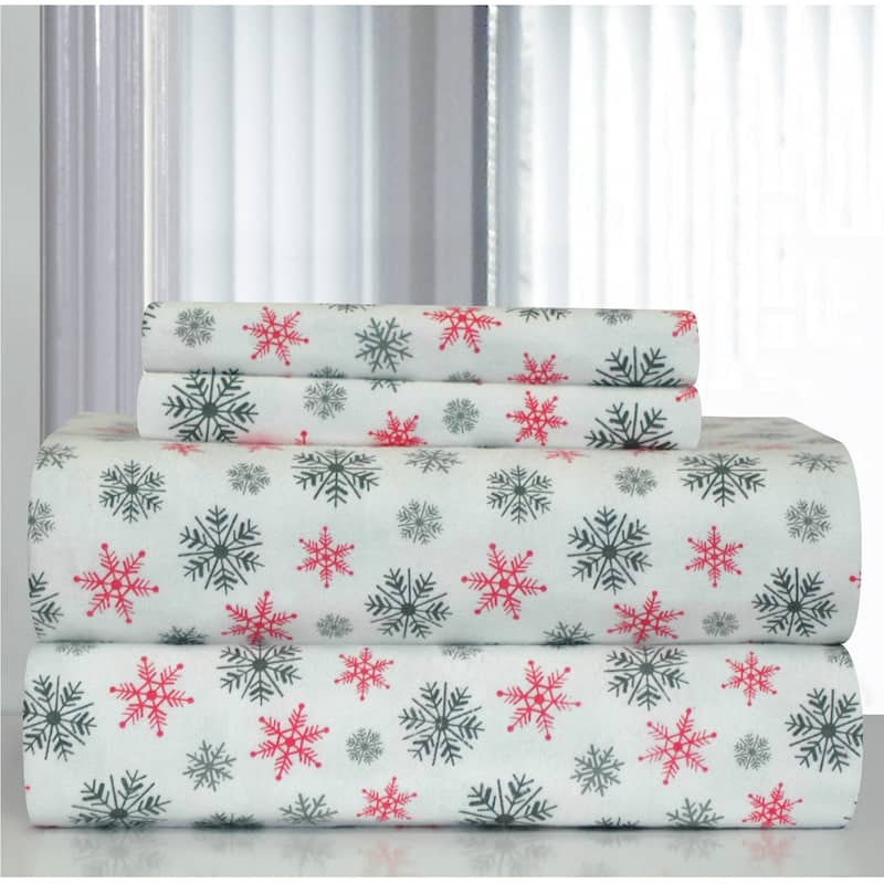 Pointehaven White Snowflakes Printed Heavyweight Flannel Bed Sheet Set